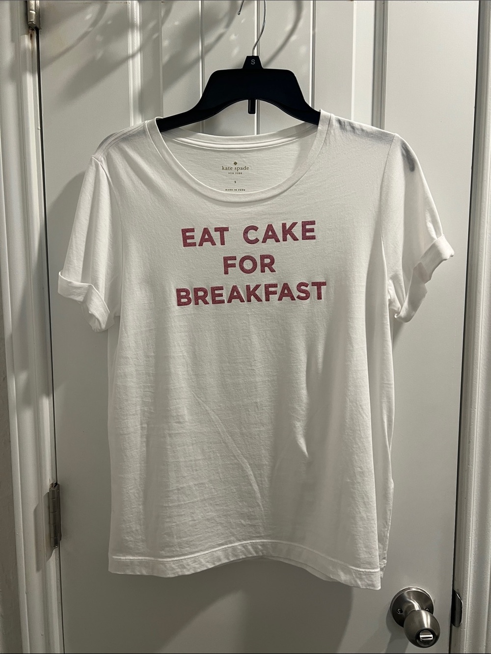 Kate Spade ♠️ White Tee with Pink 'Eat Cake For Breakfast' Print